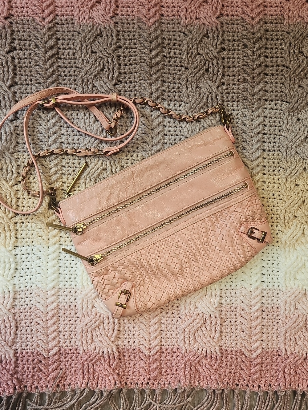 Pink Faux Leather Crossbody/Clutch Bag - Woven Look, Adjustable Strap